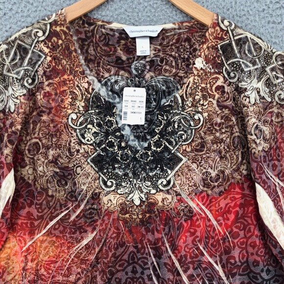 Christopher & Banks Top Womens Large Multicolor 3/4 Sleeve Boho Perforated NWT - Picture 2 of 10
